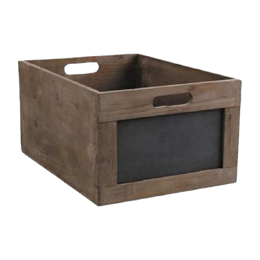 Rustic Wooden Storage Crate with Chalkboard Label**